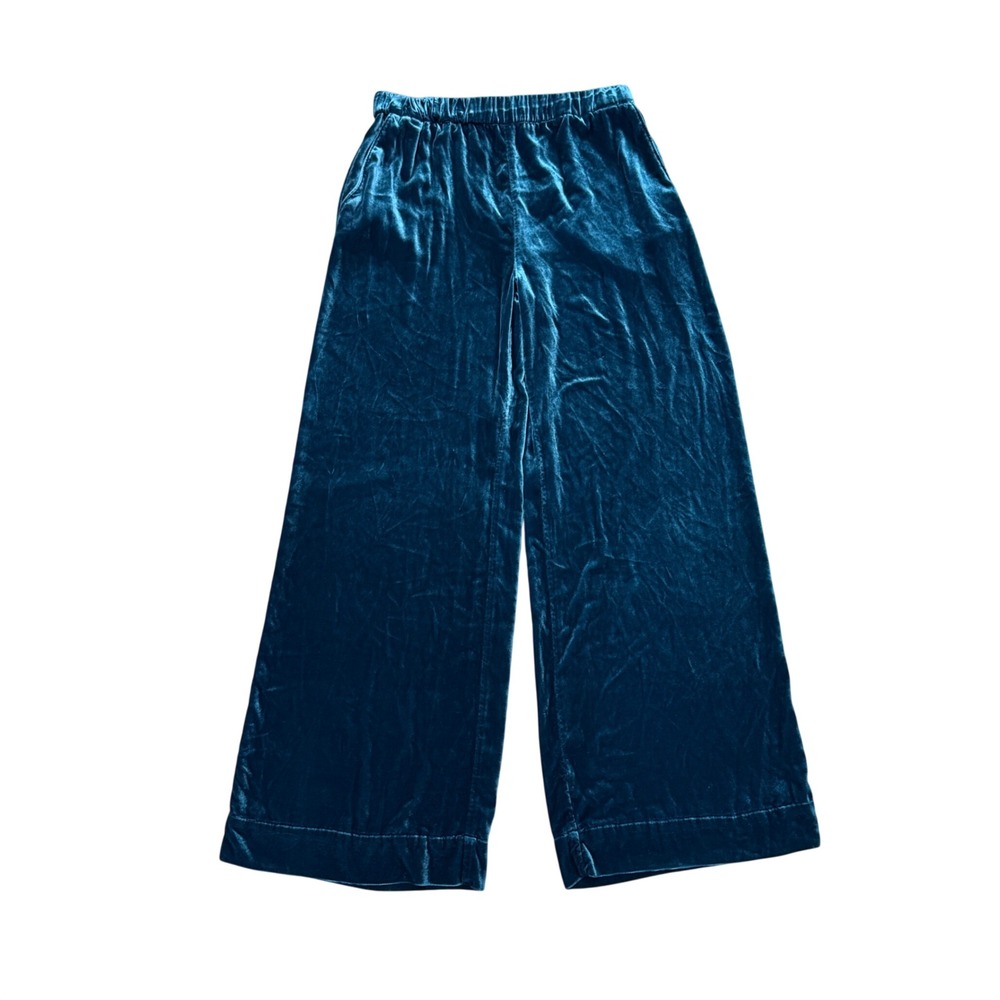 Faherty Genevieve Wide Leg Stretch Velvet Pant Teal Blue Silk Blend Small S